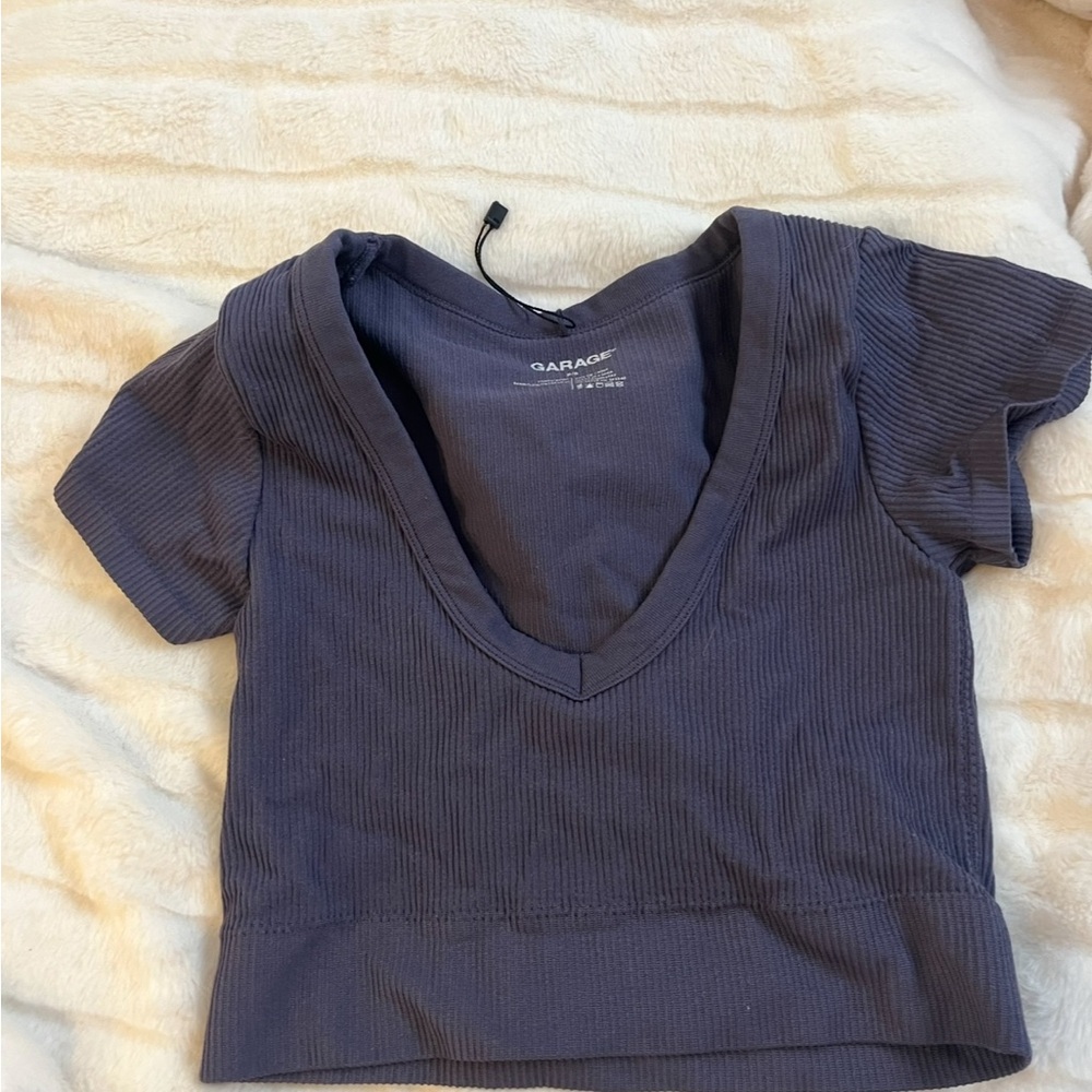 Garage Women's V-Neck Ribbed Top - Dark Blue